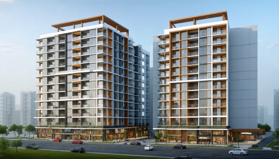 Contemporary mixed-income residential complex with integrated commercial spaces and community areas