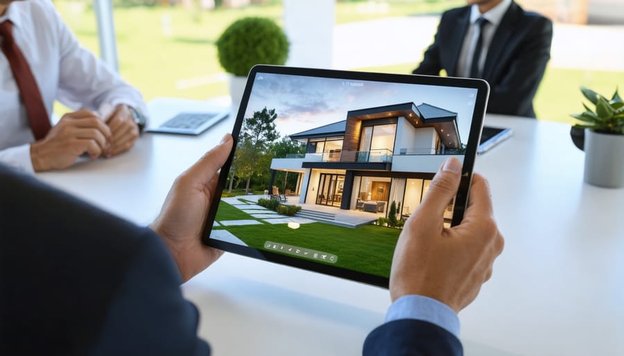 Real estate professional using SecureWire app with clients in a modern office setting
