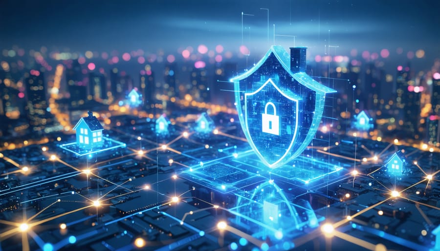 Conceptual illustration of a futuristic city landscape with digital grids and floating house icons symbolizing AI-driven property valuation, enveloped by a protective shield representing e-risk insurance.