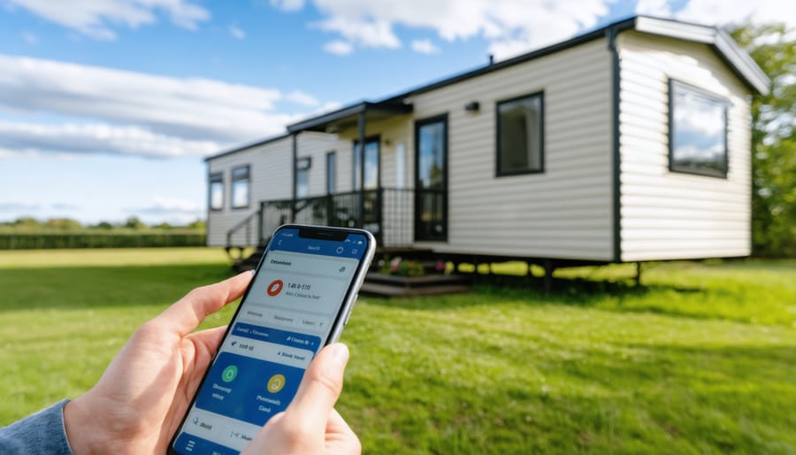 Resident checking mobile home insurance details on smartphone app outside their manufactured home
