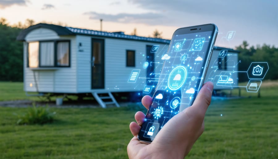 A person using a smartphone app for mobile home insurance, with a modern mobile home in Alabama in the background, symbolizing app-based protection and technology-driven coverage.
