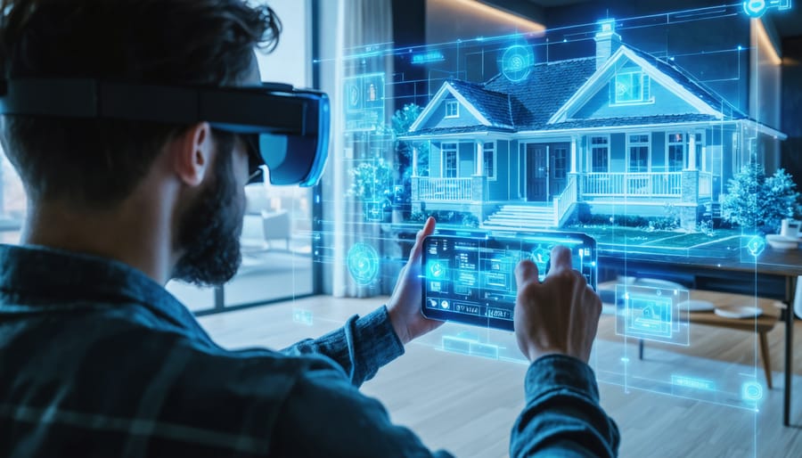 Person wearing AR glasses transforming an empty room into a fully furnished virtual space, showcasing the impact of AR technology in real estate through interactive staging and live data overlays.