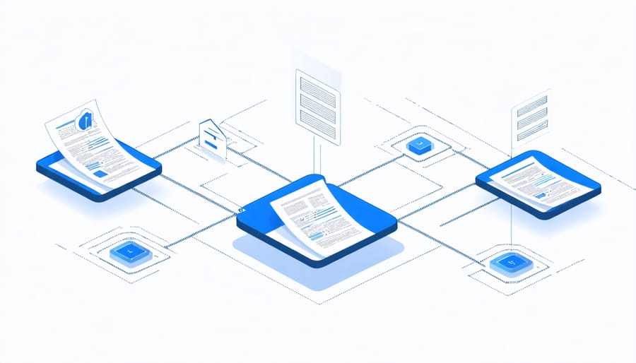 Digital identity blocks connected in a blockchain network with property documents and verification symbols
