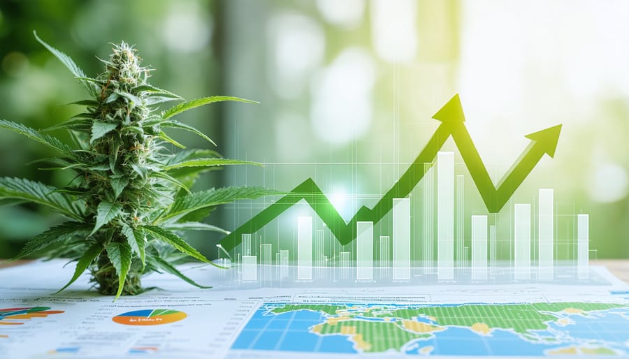 Illustrative representation of specialized financing solutions for CBD businesses, highlighting financial growth and regulatory challenges with visual elements like CBD plants and financial documents.