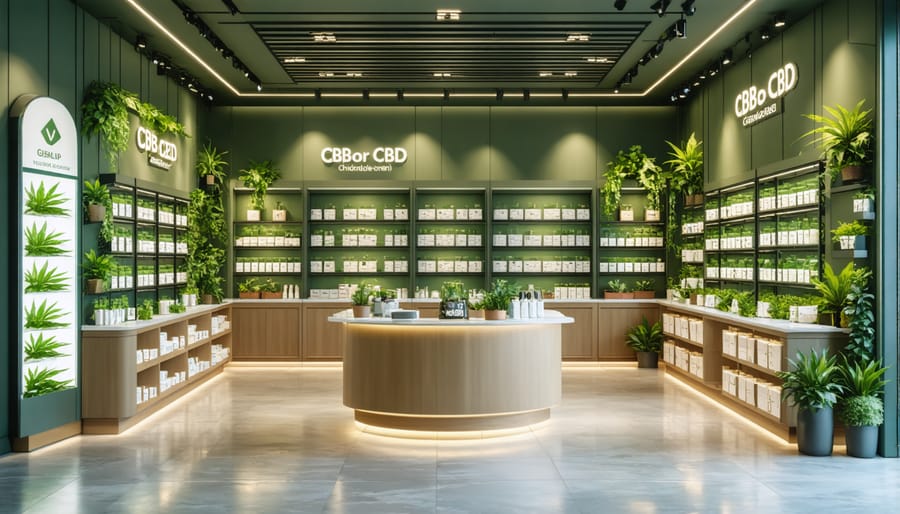 Well-organized CBD retail space showing product inventory and business assets