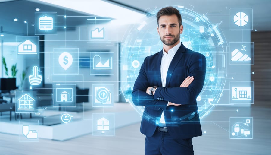 A professional property manager in front of a digital overlay illustrating a streamlined insurance claims process with icons for documentation, assessment, and technology integration, set against a backdrop of a modern investment property.