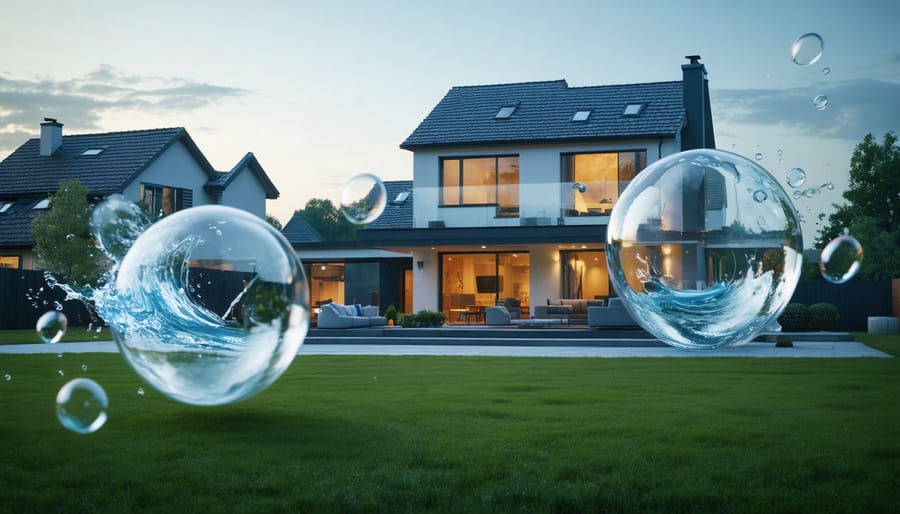 Modern suburban home shielded by a large transparent protective bubble with visuals of fire, wind, and water subtly in the background, representing comprehensive homeowners insurance coverage.