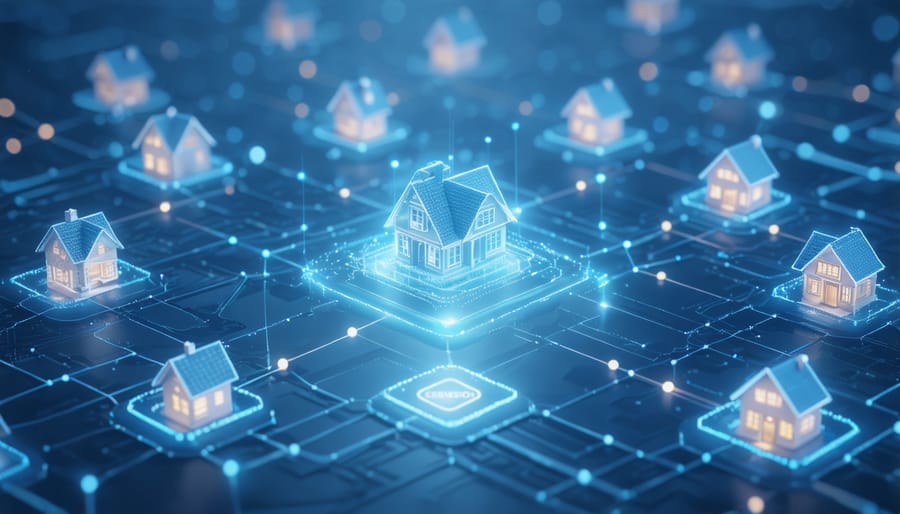 Digital illustration of blockchain technology connecting multiple buildings through a glowing network