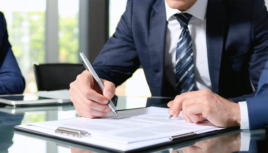 Agent completing property transaction using e-signature app on tablet