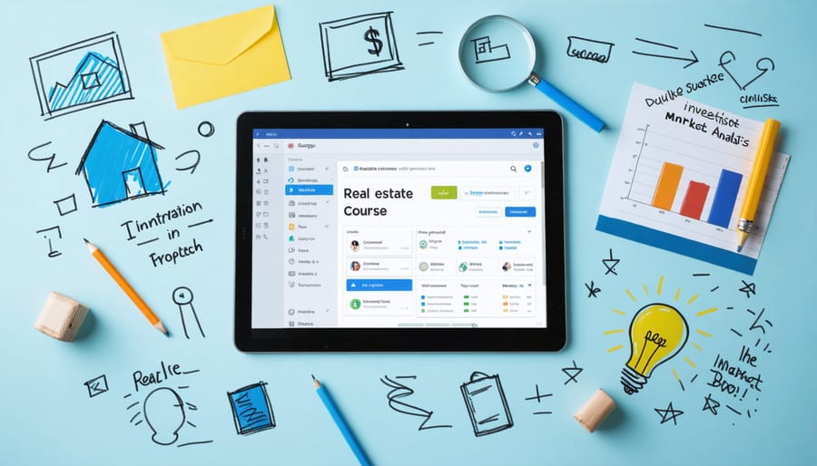 Digital tablet displaying an online real estate course interface surrounded by symbols representing homeownership and real estate learning, set against a virtual learning background.
