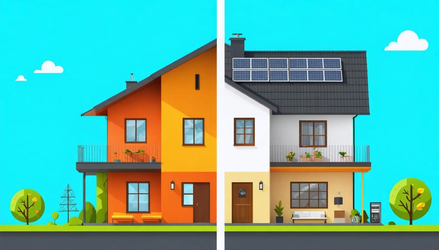 Illustration showing a split-view of a house; one half with outdated, energy-inefficient elements, and the other half featuring modern, energy-saving upgrades.