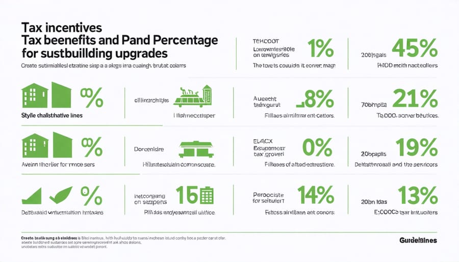 Visual breakdown of federal tax incentives for green building improvements including solar, HVAC, and insulation benefits