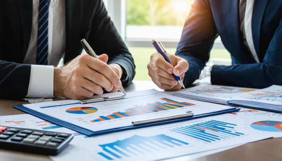 Financial advisor explaining investment documents to client in professional office setting