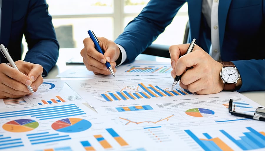 Financial advisor and tax professional collaborating over financial and tax planning documents in a professional office setting.