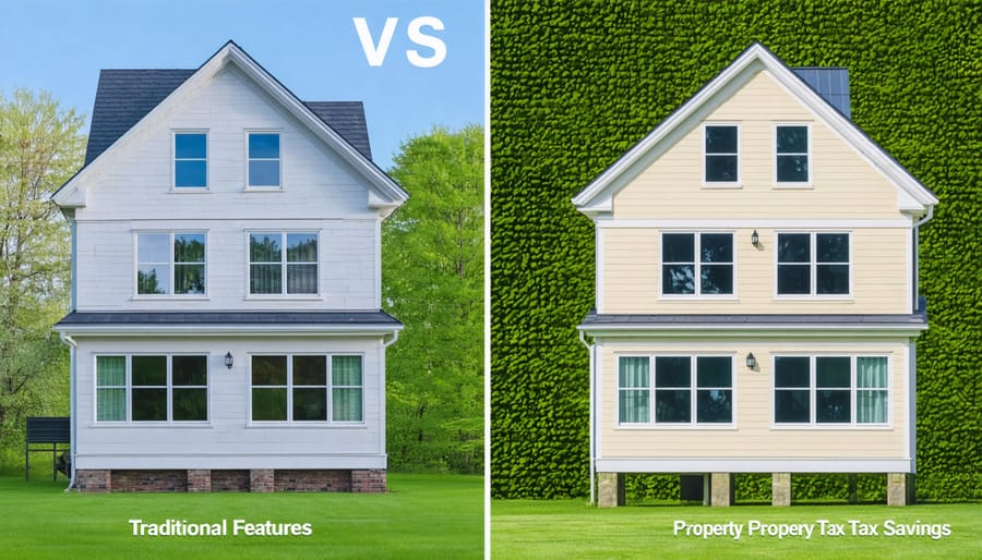 Side-by-side comparison of conventional and sustainable building features highlighting tax advantages