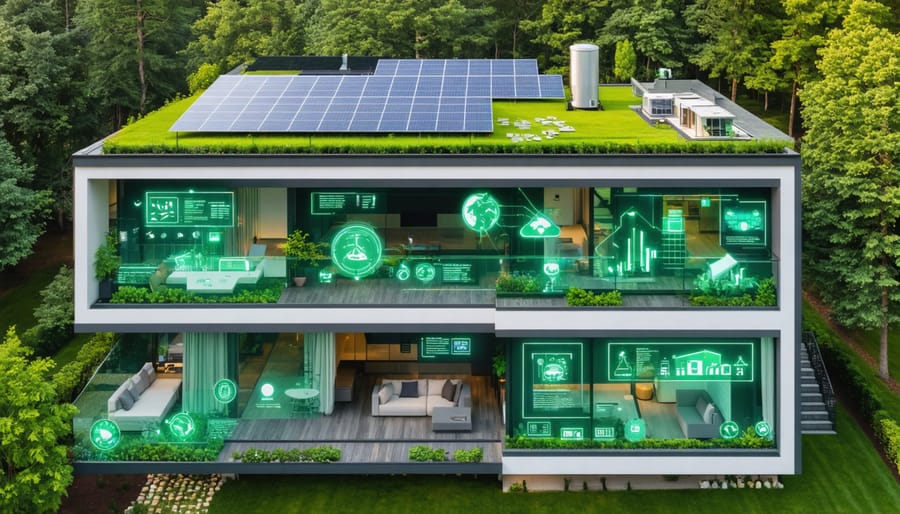 Modern eco-friendly house with solar panels, green roof, rainwater collection system, and smart energy management, highlighting sustainable features in real estate.