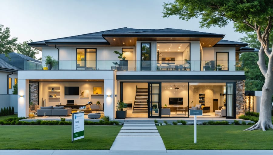 A modern home's exterior highlighting insurance coverage elements, showing a well-structured roof, visible electronics, and a safe, clear walkway, with a security system sign on the lawn to represent comprehensive homeowners insurance coverage.