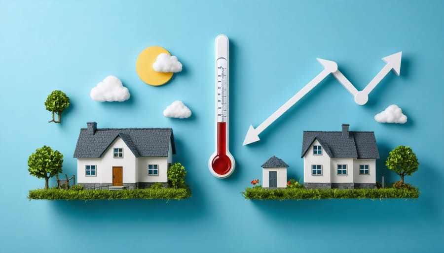 Conceptual illustration depicting a cooling real estate market with a thermometer, houses, and a graph of declining housing prices.