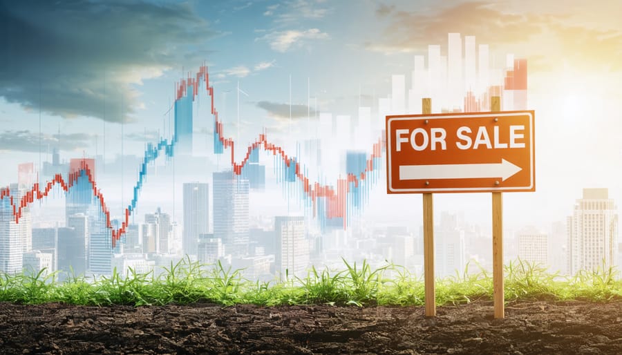 Conceptual image depicting the 2024 housing market dynamics with rising mortgage rates and varied urban and suburban price trends, highlighting both challenges and opportunities for buyers and sellers.