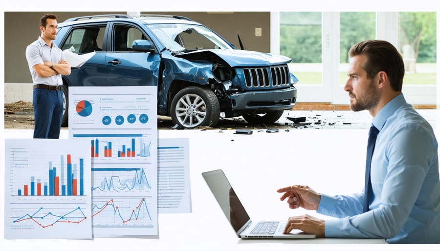 Split-screen image showing an insurance adjuster inspecting property damage, an analysis of an auto accident scene, and a review of medical documentation, highlighting the insurance claim processing journey and the importance of documentation and communication.