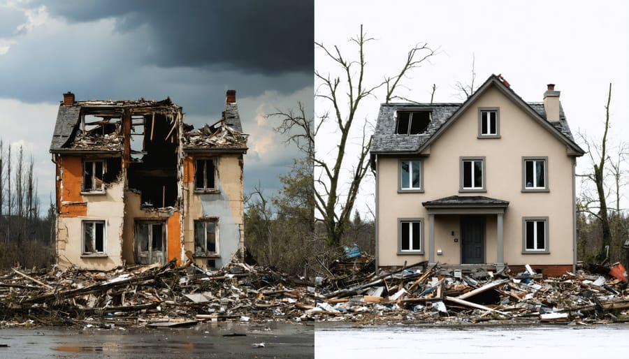 Side-by-side comparison of an insured and uninsured home during a storm
