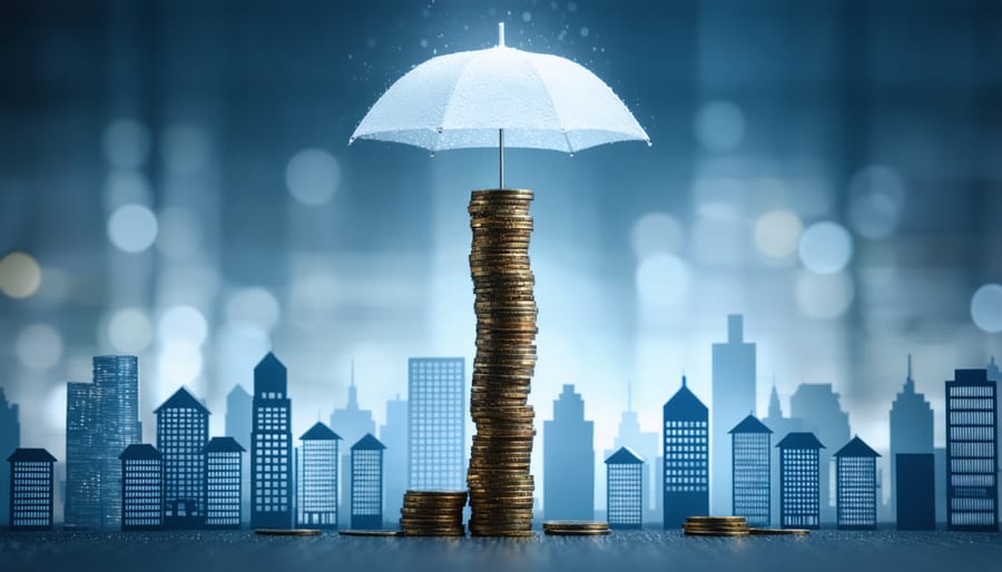 Illustration of a skyscraper made of coins under an insurance umbrella, with a backdrop of various property silhouettes, symbolizing the protection and investment opportunities provided by mortgage insurance.
