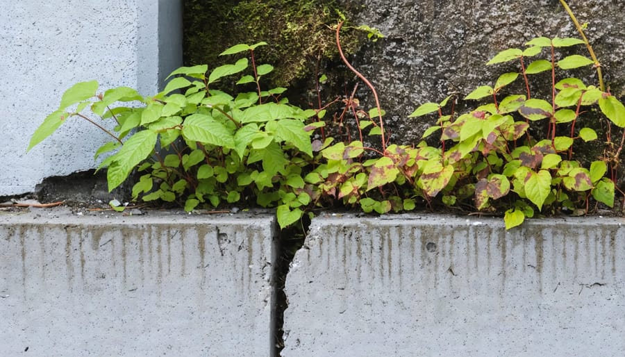 Japanese knotweed plant breaking through and damaging a house foundation