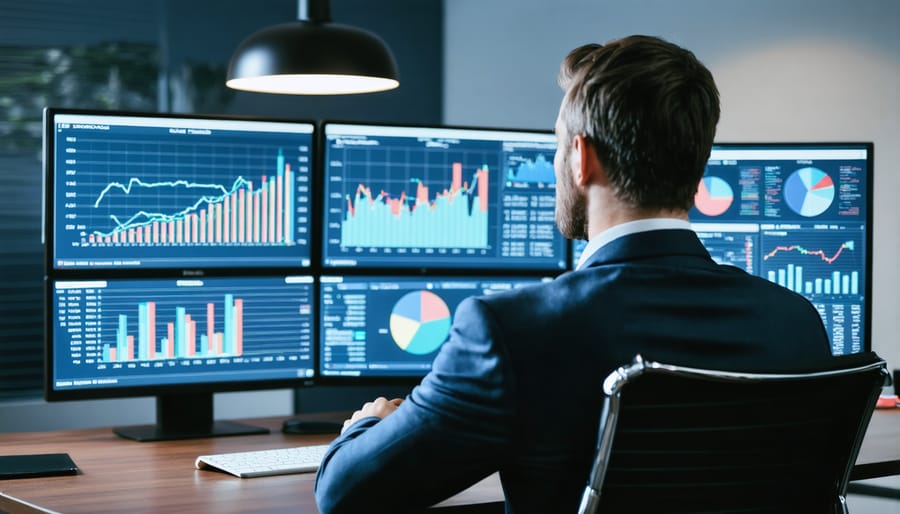 Real estate analyst reviewing market trends and data visualizations on multiple monitors