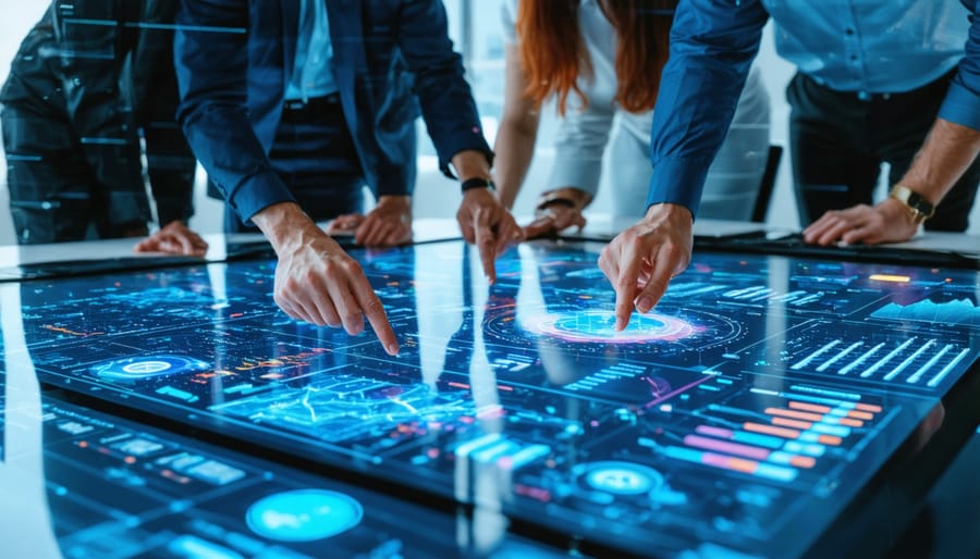 A group of professionals using a large digital touch-screen displaying real estate finance analytics, showcasing technology integration in real estate investment.