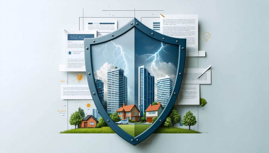 Infographic of a shield protecting a commercial building and residential house from potential risks with icons representing financial, natural, and legal threats.