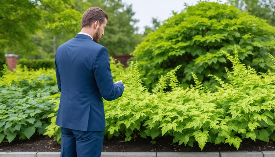 Real estate manager inspecting a property garden overtaken by invasive species like Japanese knotweed and kudzu, highlighting the threat to property value and local ecosystems.