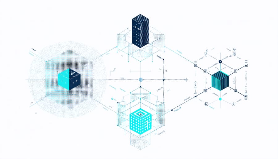 Abstract illustration merging quantum computing symbols with blockchain architecture