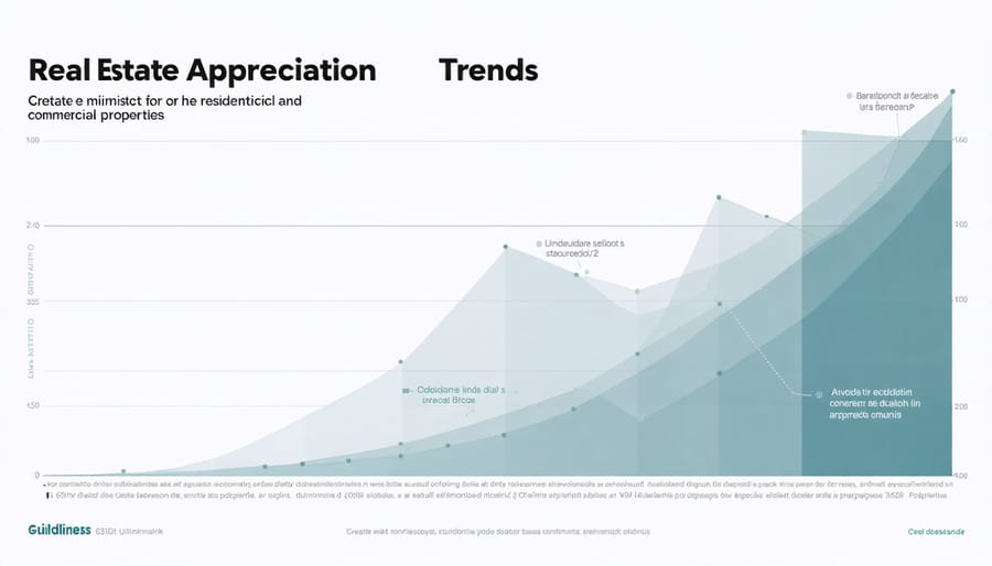 Comparative line chart displaying residential and commercial real estate appreciation rates from 2013-2023
