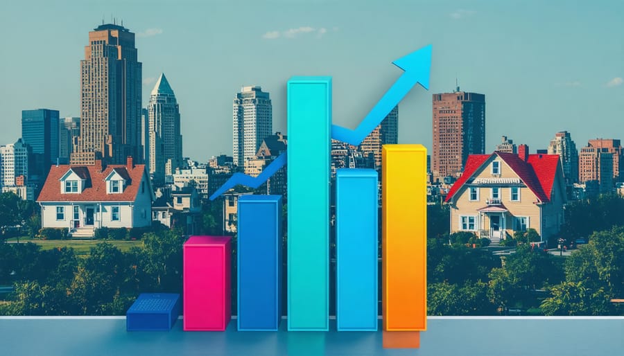 A vibrant bar graph illustrating varying real estate appreciation rates amidst a backdrop of urban skyscrapers and suburban homes, symbolizing growth and opportunity in today's market.