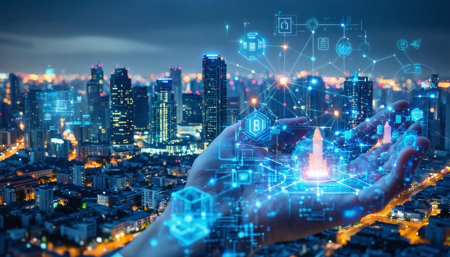 Conceptual illustration of futuristic city skyline with digital elements representing AI and PropTech integration in real estate.