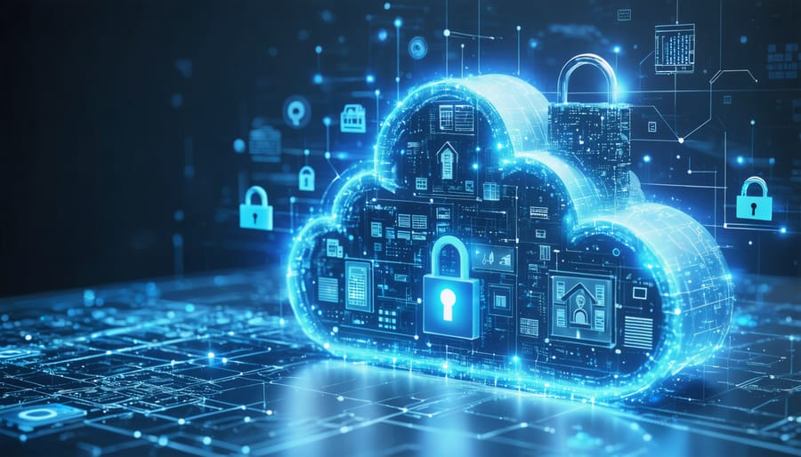 Illustration depicting a high-security cloud storage facility with real estate icons and digital connections, symbolizing the protection of real estate data through advanced insurance solutions.