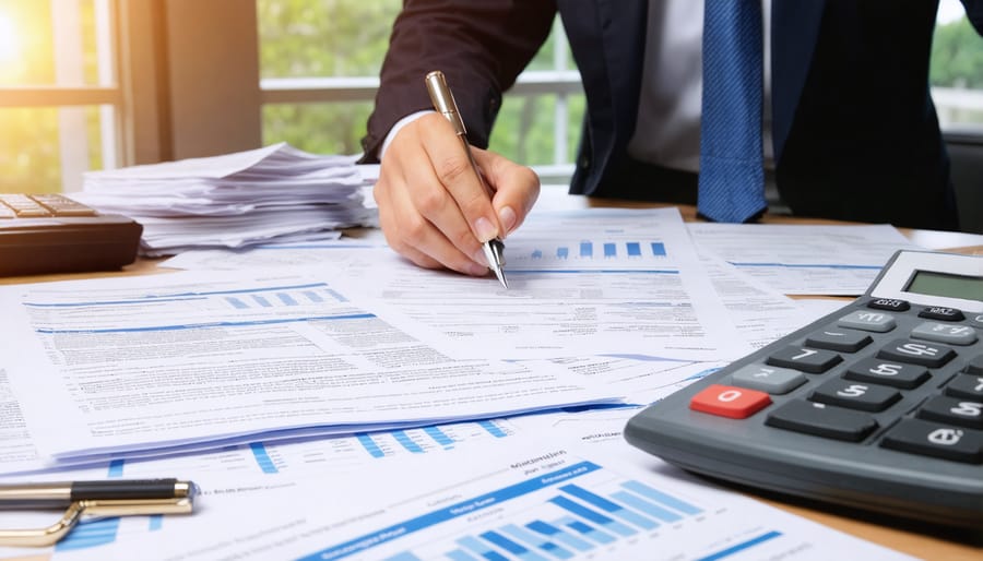 Self-employed professional reviewing tax returns and financial documents for refinancing