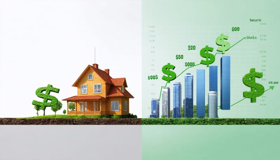 Illustration of real estate properties intertwined with financial symbols to highlight strategic debt management in real estate investment.
