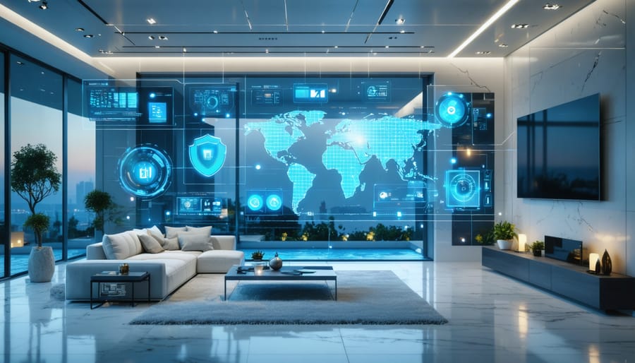 A modern smart home interior displaying interconnected devices such as security cameras and climate control interfaces, symbolizing improved safety and insurance benefits.