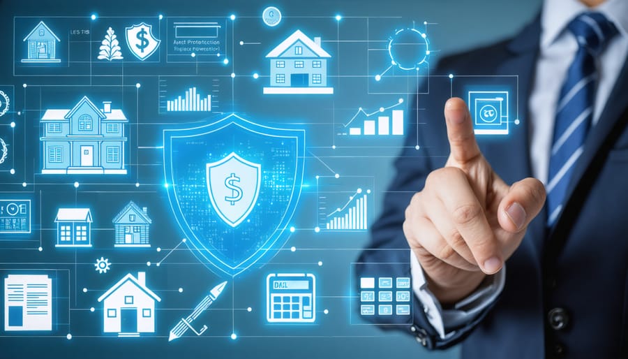 A property investor confidently viewing a digital representation of their diversified real estate portfolio, surrounded by risk mitigation symbols such as insurance shields and legal documents, highlighting asset protection strategies.