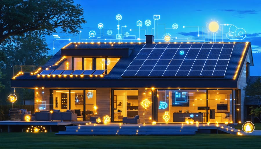 A modern home with solar panels, energy-efficient lighting, and smart home technology interfaces, representing the integration of zero-energy solutions.