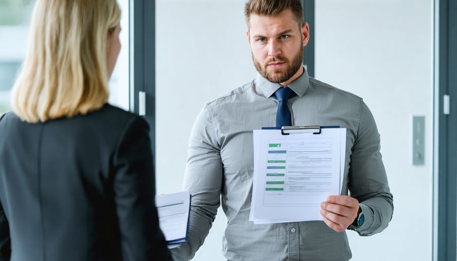 Professional examining sustainability assessment documents and certification requirements