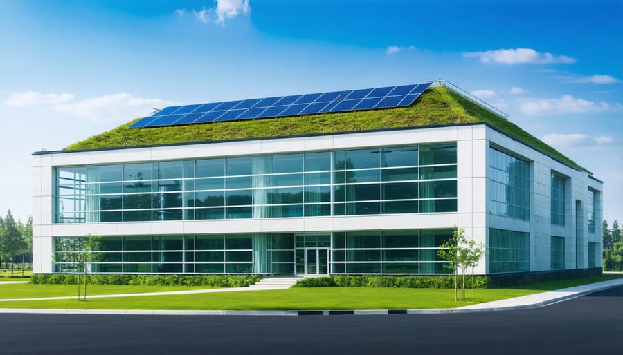 Energy-efficient commercial building featuring solar panels, green roof, and LEED certification plaque