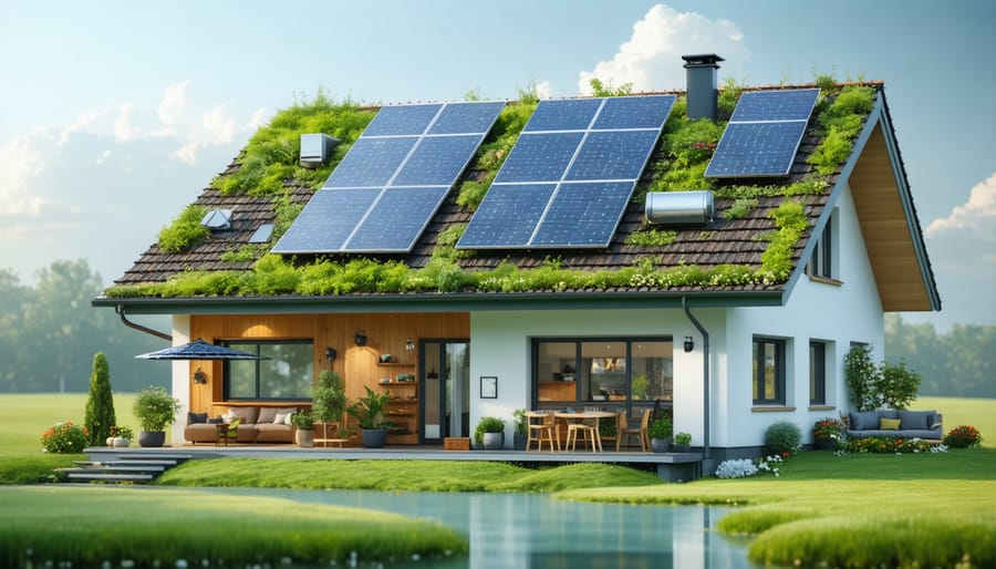 Exterior view of an eco-friendly house with visible sustainable features