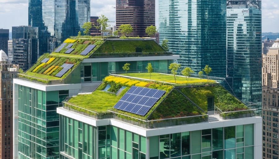 Urban skyline showcasing sustainable building features such as green roofs, solar panels, and advanced eco-friendly infrastructure, reflecting the U.S. Sustainable Investment Forum's impact on property insurance.