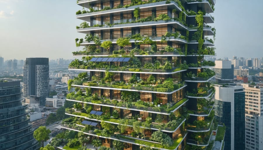 A state-of-the-art building showcasing green architecture features including solar panels and rooftop gardens, situated in a vibrant urban setting.