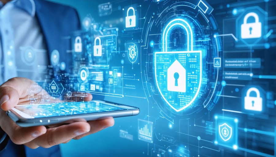 Conceptual illustration of the T-Mobile SecureWire app interface displaying advanced security features for real estate transactions. The image includes digital icons for wire transfers, encryption, and security, set against a background with architectural elements.