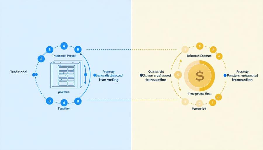 Comparative diagram of traditional and quantum blockchain transaction speeds in property management