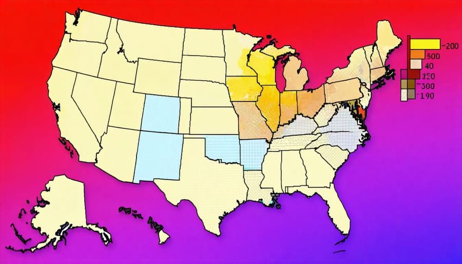 Color-coded map of US regions indicating varying levels of property value appreciation
