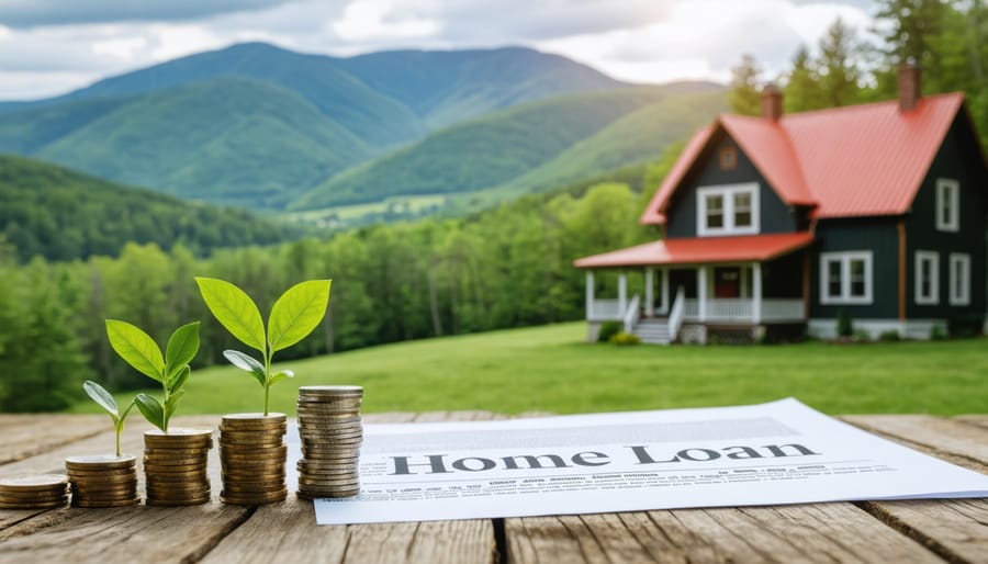 A Vermont-style home with financial symbols representing first-time homebuyer programs, illustrating pathways to affordable homeownership in Vermont.